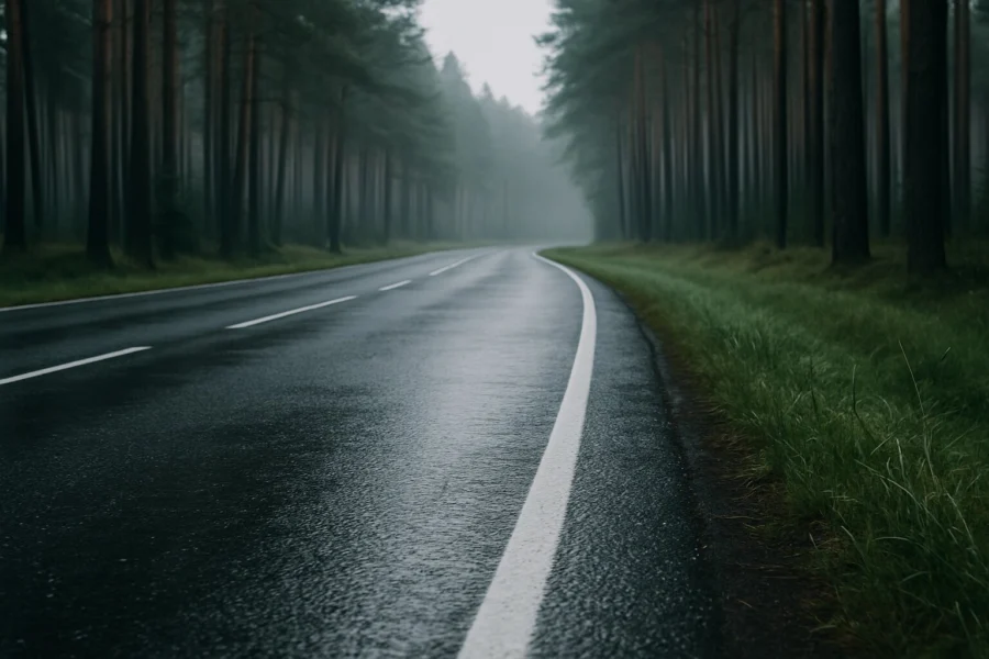 pusta droga wśród sosnowego lasu, poranna mgła między drzewami